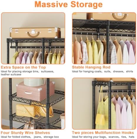 Ulif F4C Heavy Duty Clothes Rack with Dustproof Cover，Freestanding Clothing Racks for Hanging Clothes，Adjustable Closet Organizer System，Portable Garment Rack 45"W*15.8"D*71.3"H，Max Load 600LBS，Black - Image 5