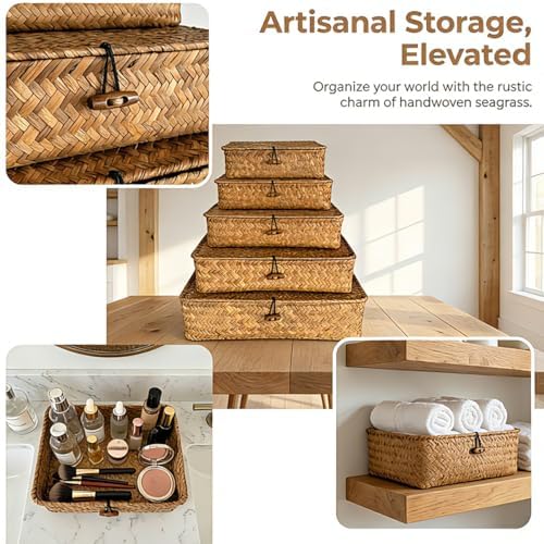 Wicker Basket with Lid,Seagrass Flat Storage Bins, Set of 5 - Image 7