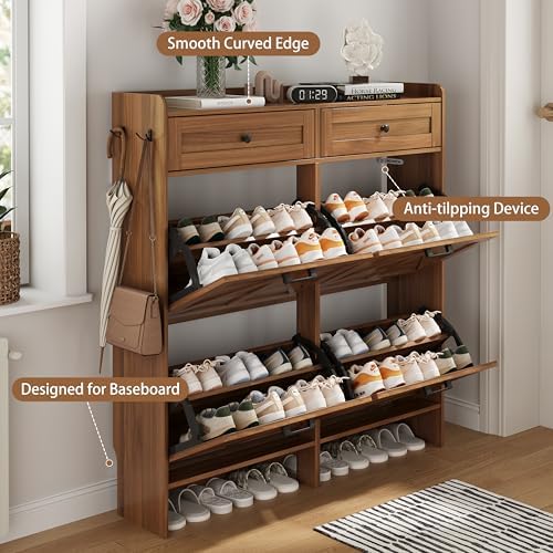 Shoe Cabinet with 4 Flip Drawers & 2 Top Drawers, 43" Tall Freestanding Narrow Wooden Shoe Storage Organizer for Entryway, Hidden Slim Shoe Rack for Front Door Entrance, Hallway, Living Room, Walnut - Image 5