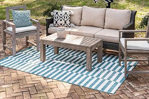 Unique Loom Outdoor Striped Collection Area Rug - Striped (5' 1" x 8' Rectangle, Teal/Ivory) - Image 2