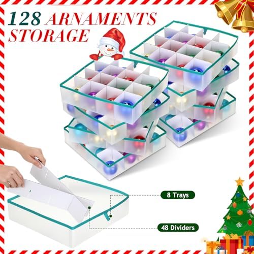 Hosuly 2 Pcs Plastic Christmas Ornaments Storage Box with Dividers, Zippers, 8 Trays,128 Slots, Christmas Storage Containers Xmas Ornaments Organizer for Holiday Balls Ornaments(Christmas Tree) - Image 3