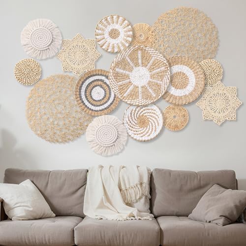 15 Pcs Boho Wall Basket Decor Woven Rattan Seagrass Wall Decor Hanging Rustic Farmhouse Western Art Decoration for Nursery Living Room Bedroom Home Kitchen(Grey White Style) - Image 5