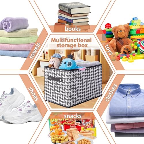 6 Pack Large Collapsible Storage Baskets for Shelves,14.9"x9.5" Fabric Closet storage Boxes with Leather Handles,Decorative Organizers Storage Bins for Clothes,Sheets,Toys,Books,(Houndstooth - Image 3