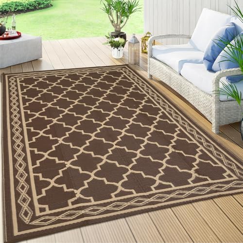 Waterproof 8'x 10' Outdoor Rug for Patio,Reversible Outdoor Plastic Straw Rugs for Camping Porch RV, UV-Resistant Area Rug Mat for Camper,Outside Rug for RV Deck Picnic Beach Balcony,Brown/Coffee by GLOWSOL