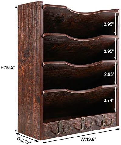 PAG-Mass 5-Tier Wall File Holder Hanging Mail Organizer Wood Magazine Literature Rack with 6 Hooks, Brown - Image 3