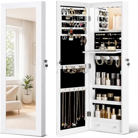 6 LEDs Mirror Jewelry Cabinet, Over the Door Jewelry Organizer with Full Length Mirror, Wall Mounted or Door Hanging Jewelry Box with Storage by JOYUSAEN