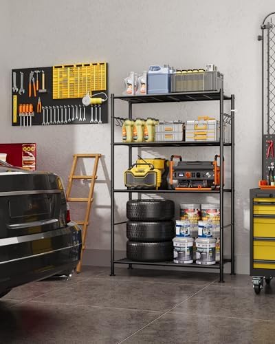 Sakugi 4-Tier Storage Shelves with 6 Hooks, 33.2" x 12.7" x 57.3", Black - Image 2