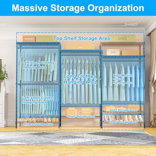 Ulif E13 Pro Heavy Duty Clothes Rack（With 4 Hanger Rods & 8 Shelves） Freestanding Clothing Racks for Hanging Clothes，Adjustable Closet，Metal Garment Rack 75" W x16 D x77 H，Max Load 1000LBS，Black - Image 3