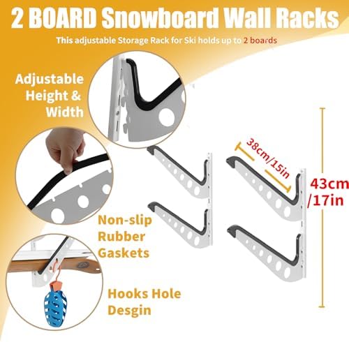 Snowboard Wall Racks, Adjustable Storage Rack for Ski, Surfboard, Wakeboard, Snowboard Wall Mount Display, White/Black - Image 2