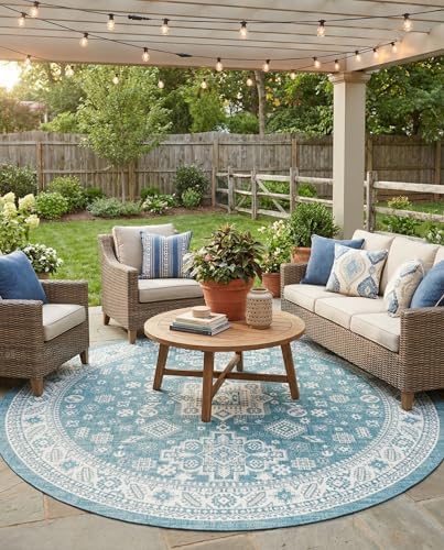 Rugs.com - Outdoor Aztec Rug – 10 Ft Round Aqua Indoor/Outdoor Rug – Washable Flatweave for Patios, Decks, and Porches by Rugscom