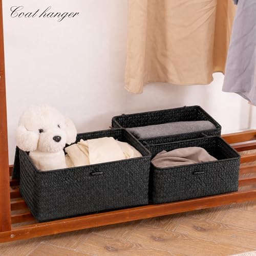 Nonam Wicker Storage Basket with Lid,Seagrass Shelf Basket Set of 3,Black - Image 6
