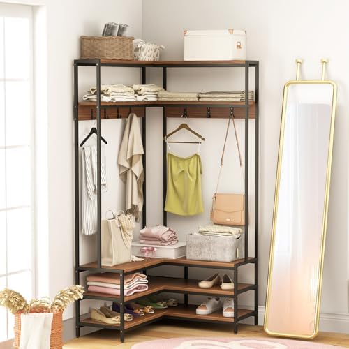 GIANTEX Corner Coat Rack, L-Shaped Hall Tree with Bench and Shoe Storage - Image 2