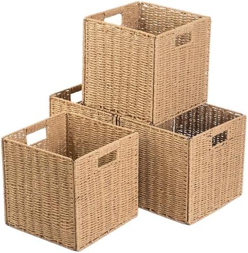 Foldable Storage Cube Bins Set of 4, Paper Woven Square Baskets, Natural, 11" x 11" x 11" by CYMFBSFBU