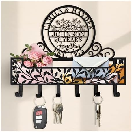 Personalized Metal Last Name Anniversary Key and Mail Holder, Wall Mount Entryway Organizer with Hooks, Custom Family Name Key Rack for Kitchen, Bathroom, and Home Storage by custommetalsign