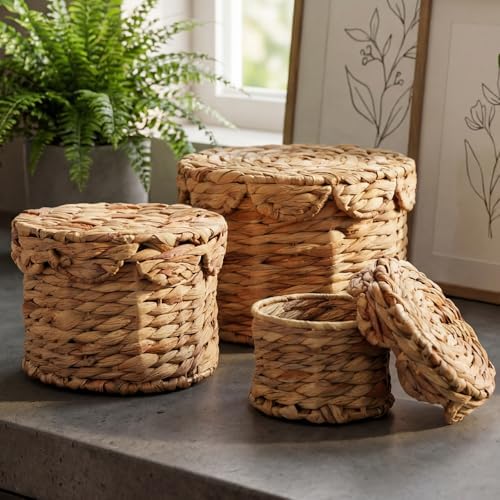 Newtay Set of 3 Scalloped Wicker Storage Baskets with Lid Round Rattan Woven Basket 11'' 8.7'' 6.3'' Natural Water Hyacinth Decorative Boxes for Organizing Nursery Home Closet Shelf Decors, 3 Sizes - Image 2