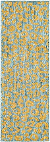 Unique Loom Outdoor Safari Collection Area Rug - Leopard (2' x 6' 1" Runner, Blue Yellow/ Blue) - Image 3