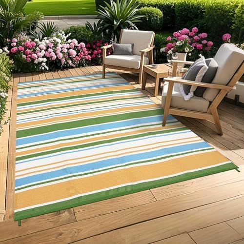 GAOMON Geometric Striped 8x10 Outdoor Rug Waterproof Colorful Reversible Plastic Straw Carpet UV-Resistant Portable Modern Camping Outdoor Rugs for RV Deck Trailer Beach, Yellow Blue Green White by GAOMON