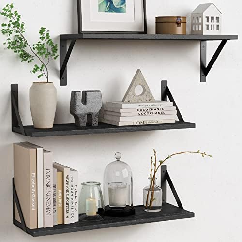 Forbena Large Floating Shelves for Wall 24 Inch Long Set of 3, 8 in Deep Wall Bookshelf for Bedroom Living Room, Wooden Heavy Duty Hanging Book Shelves for Office Kitchen Closet Storage (Black) by Forbena