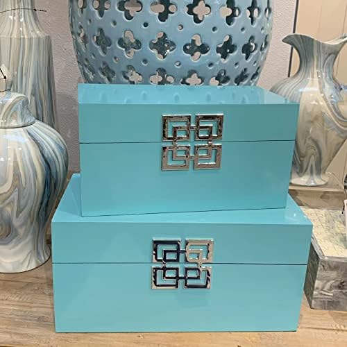 Galt International Large & Small Decorative Storage Box w/Hinged Lid - Classic Design Wood Decor Boxes with Geometric Opening Clasp - Storage for Bedroom and Home - Set of 2 (Blue) - Image 6