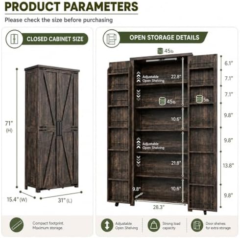 FIMELLO 71" H Gift Wrap Storage Cabinet, Craft Storage Cabinet, Rustic Oak - Image 2