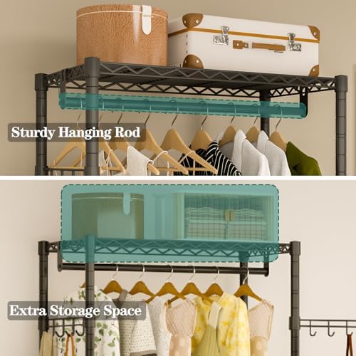 Heavy Duty Rolling Garment Rack, 3 Tiers Wire Shelves Adjustable Freestanding Portable Rolling Clothing Rack with Lockable Wheels, 35.4''L x 15.8''W x 78.8''H, Max Load 420LBS - Image 4