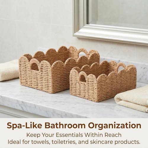 Scalloped Wicker Baskets Set of 3, Hand-Woven Storage with Handles - Image 7