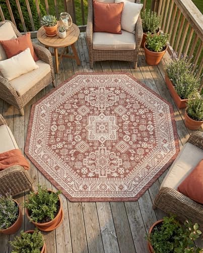 Rugs.com - Outdoor Aztec Rug – 8 Ft Octagon Rust Red Indoor/Outdoor Rug – Weather Resistant for Patios, Decks, and Porches by Rugscom