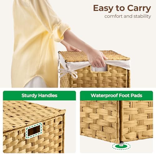 GREENSTELL Storage Basket with Lid, 17.2 Gallon(65L) Small Wicker Blanket Storage Basket with Handles, Foldable, 2 Removable Liner Bags, Metal Frame, for Bedroom, Laundry Room, Natural - Image 4