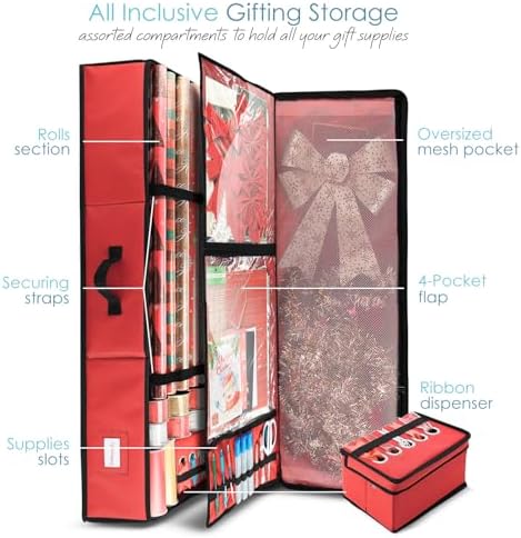 Hearth & Harbor Wrapping Paper Storage Container - Christmas Storage Bag with Ribbon Dispenser and Interior Pockets - Gift Wrap Organizer Fits Up to 26 Rolls of 40" Length, Red - Image 2