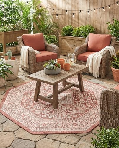 Rugs.com - Outdoor Aztec Rug – 5 Ft Octagon Rust Red Indoor/Outdoor Rug – Washable Stain-Resistant Flatweave for Patios, Decks, and Porches by Rugscom