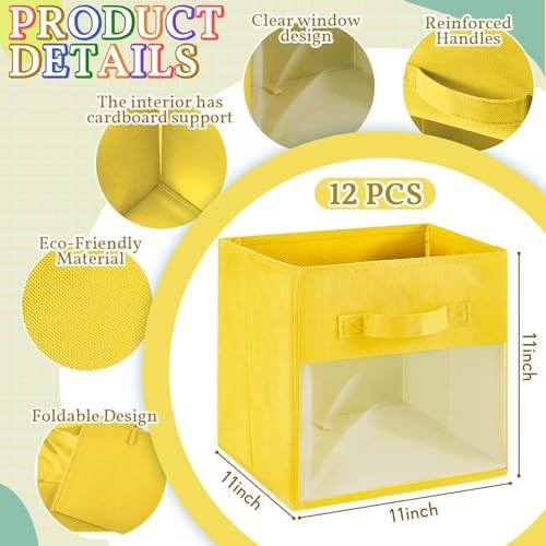 Marsui 12 Pcs Clear Cube Storage Bins Rainbow Colored Collapsible Kids Storage Bins Fabric Classroom Organizer with Window for Kid Playroom Room Daycare Nursery - Image 2