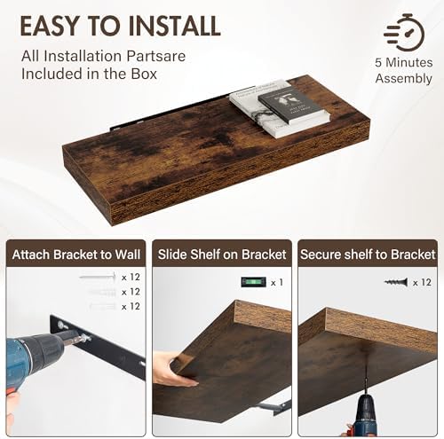 Acovy 30 Inch Floating Shelves, 12" Deep Floating Shelf Wall Mounted, 30" Wall Shelves, Rustic Deep Bookshelf, Extra Deeper & Thicker Display Shelves for Bedroom, Living Room, Brown, Set of 2 - Image 6