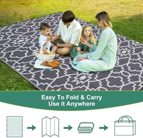 Reversible Mat 8x10 Plastic Straw Rug Outdoor Rug Geometric Area Rug Waterproof Patio Rug Outdoor Camping Rug for RV Porch Deck Camper Balcony Backyard Easy Cleaning Picnic Mat Grey White - Image 7
