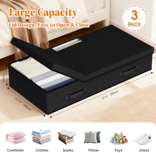 StoreHappily Under Bed Storage Containers with Lids, 3 Pack Foldable Black - Image 2