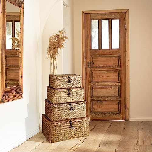 Woanger Set of 4 Wicker Baskets with Lids, Orange - Image 4