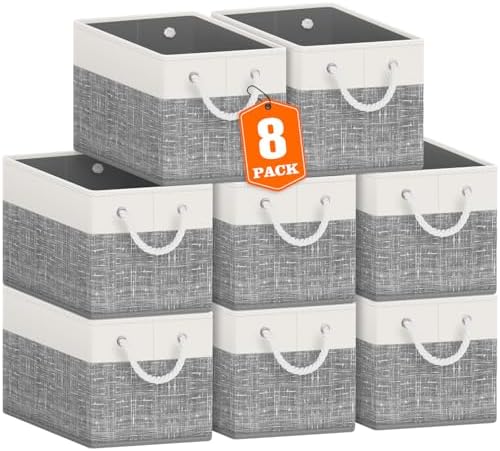 Fab totes Storage Bins 8-Pack, Foldable Storage Baskets for Organizing Toys, Books, Shelves, Closet, Large Storage Box with Rope Handles, Sturdy Organizer Bins, White & Grey by Fabtotes