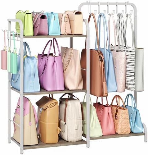 Purse Organizer for Closet, Large Capacity Purse Rack with 2 Purse Hangers and 5 Purse Hooks for Bag Organizer, Freestanding 3-Tier Handbag Organizer for Purse Storage, Ironwood Purse Holder, White by HOOBRO