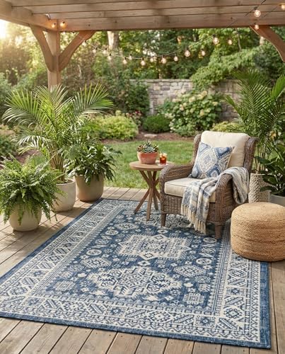 Rugs.com - Outdoor Aztec Rug – 4' 1 x 6' 1 Blue Indoor/Outdoor Rug – Washable Flatweave for Patios, Decks, and Porches by Rugscom