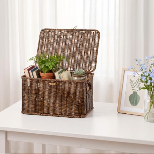 Nonam Wicker Storage Basket With lid, Large Stackable Plastic Bin, Brown - Image 7