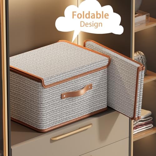 Tuza 4 Pack Storage Bins with Lids, Collapsible Closet Organizer Container, Fabric Organizer Box with Handles, Decorative Storage Boxes with Lids for Organizing Clothes, Books, Light Grey, Large - Image 4