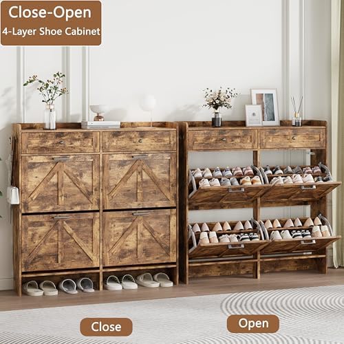 Shoe Cabinet with 4 Flip Drawers & 2 Top Drawers, 43" Tall Freestanding Narrow Wooden Shoe Storage Organizer for Entryway, Hidden Slim Shoe Rack for Front Door Entrance, Hallway, Living Room, Brown - Image 4