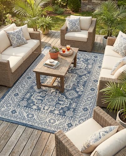 Rugs.com - Outdoor Aztec Rug – 6' 1 x 9' Blue Indoor/Outdoor Rug – Washable, Weather Resistant for Patios, Decks, and Porches by Rugscom