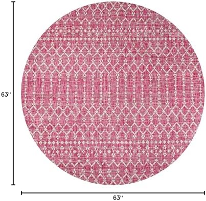 Eyely Moroccan Woven Round Rug 5 Ft Fuchsia/Lt Gray, Indoor Outdoor Rug - Image 2