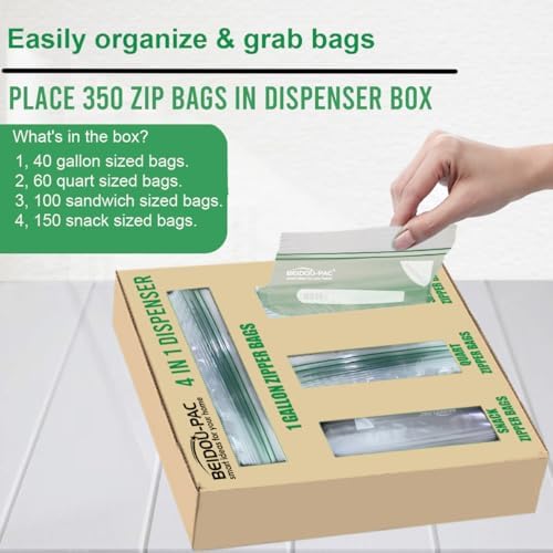 BEIDOU-PAC Combo Storage Zip Bags 350 Count, Resealable Variety Pack With Organizer, Reclosable Clear Plastic Snack, Sandwich, Quart, Gallon Assorted Size Bags - Image 2