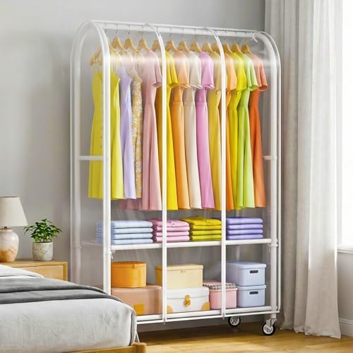 Univivi Rolling Clothes Rack with Clear Dust Cover and Bottom Storage Shelf - Image 3