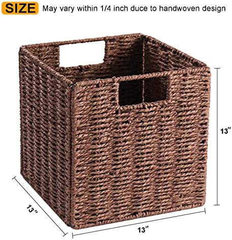 Vagusicc Wicker Storage Basket, Set of 2 Hand-Woven Storage Baskets for Shelves with Handles, Foldable Cube Storage Baskets Bins Organizer, 13 inch Large Wicker Baskets for Pantry Bedroom Decor, Brown - Image 2