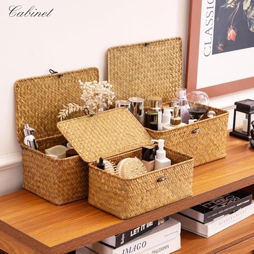 Nonam Wicker Storage Basket with Lid,Seagrass Shelf Basket Set of 3,Nautral - Image 6