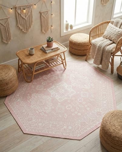 Rugs.com - Outdoor Aztec Rug – 5 Ft Octagon Pink Indoor/Outdoor Rug – Weather Resistant Flatweave for Patios, Decks, and Porches - Image 4