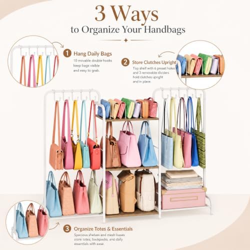 Purse Organizer with 2 Purse Hangers for Purse Storage, High-Capacity Handbag Organizer with 10 Adjustable Hooks and 3 Dividers, Purse Holder for Closet System, Purse Rack Stand for Bag Organization - Image 5