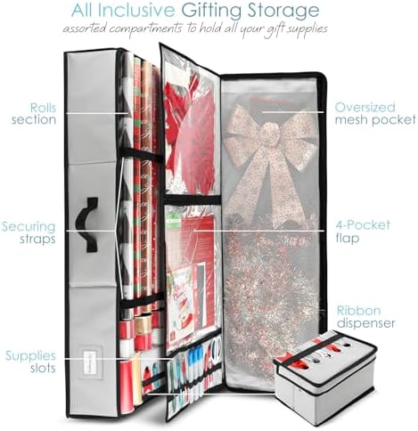 Hearth & Harbor Wrapping Paper Storage Container - Christmas Storage Bag with Ribbon Dispenser and Interior Pockets - Gift Wrap Organizer Fits Up to 26 Rolls of 40" Length, Silver - Image 2